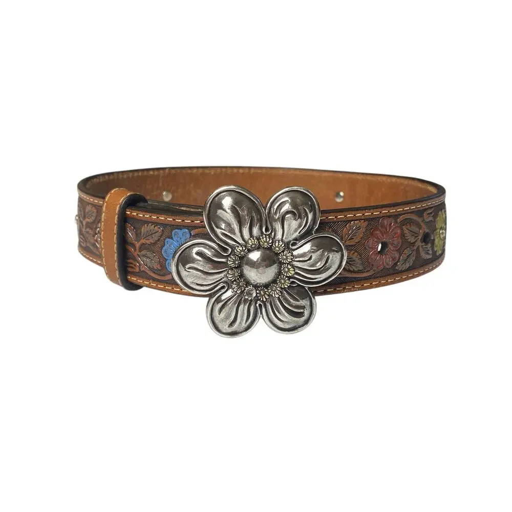 Vintage Nocona Girls Size 18 Leather Floral Painted Belt Silver Floral Buckle